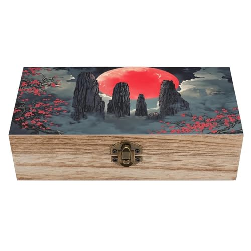 Red Sun Cherry Blossom Vintage Wooden Storage Box with Hinged Lid – Rustic Natural Wood Keepsake Box for Jewelry, Trinkets, And Photos – Decorative Small Chest Organizer (7.9" X 3.9" X 2.3") - color: black-6