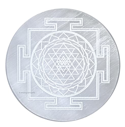 Amazing Gemstone Selenite Crystal Charging Plate For Crystals And Healing Stones, 3" Selenite Crystal Plate Engraved Sri Yantra Coaster For Home, Office Table Decor (Selenite Round Disc) - color: Sri Yantra