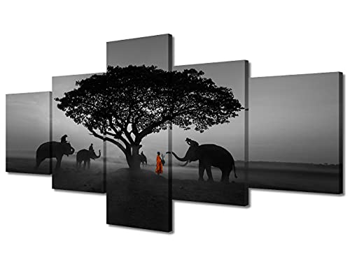 TUMOVO Black and White Wall Art 5 Pieces Elephant Wall Decoration for Living Room Zen Buddhist Home Decor Modern Artwork Bedroom Decor Wooden Frame Stretched Ready to Hang (50''Wx 24''H) - color: Artwork-14, size: 50''Wx24''H