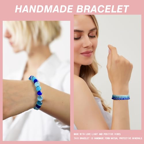 4pcs Beaded Bracelets for Women,Natural Healing Crystal Gemstones Bracelet,Anxiety Stress Relief Bracelet Handmade purple Jewelry Gifts for Women - color: Light blue cat eyes&Blue cat eyes&Dark blue cat eyes