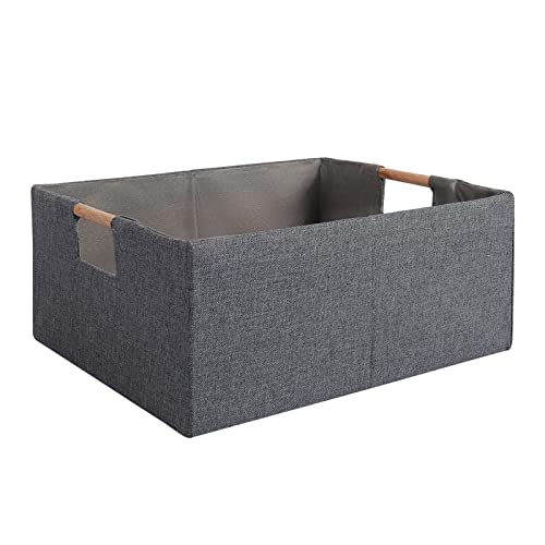 Fabric Storage Bin Box Foldable Cotton Linen Storage Basket with Wooden Handles Rectangular Cube Decorative Home Laundry Organizer Clothes Blanket Container – Gray, Large - color: Gray, size: Large
