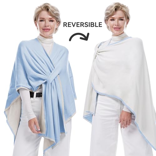 MissShorthair Knit Shawl Wraps for Women Boho Crochet Shawls Cape Open Front Cardigan - color: Sky Blue & Creme