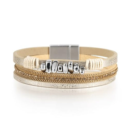 Edoneery Leather Wrap Bracelet for Women, Boho Handmade Multi-Layer Cuff with Crystal Beads Heart, Stackable Bangle Western Jewelry Gift - style: Silver Stone(Beige)