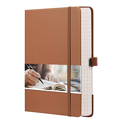 EMSHOI A5 College Ruled Notebook, 256 Numbered Pages 120GSM Ink-Proof Faux Leather Hardcover Lay-Flat Lined Journal for Work Office School Travel Writing, Small 5.75" x 8.38", Brown - color: Brown, size: A5-Ruled