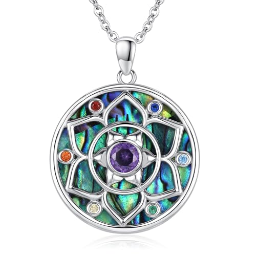 Lotus Necklaces for Women 925 Sterling Silver 7 Chakra/Yin Yang Pendant Necklace Spiritual Lotus Jewelry Birthday Yoga Gifts - style: Abalone Shell-Lotus Chakra