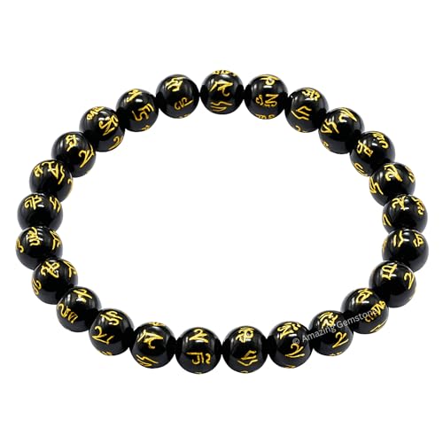 Amazing Gemstone Crystal Bracelet for Women Men's Gifts - Protection Healing Crystal Bracelet - 8mm Gemstone Beaded Stretchable Bracelet Pulseras Para Hombres Mujer Stocking Stuffers Mothers Day Gift (Black Agate (Om Mani Padme Hum)) - color: Black Agate