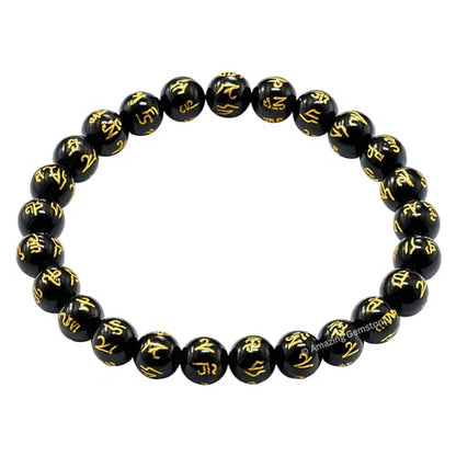 Amazing Gemstone Crystal Bracelet for Women Men's Gifts - Protection Healing Crystal Bracelet - 8mm Gemstone Beaded Stretchable Bracelet Pulseras Para Hombres Mujer Stocking Stuffers Mothers Day Gift (Black Agate (Om Mani Padme Hum)) - color: Black Agate