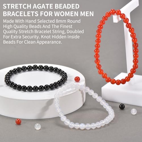 3PCS Agate Bracelet for Women Men Natural Round Beaded Agates Stone Healing Stretch Bracelets Elastic Handmade Polished Gemstone Beads Bracelet - color: Black+Red+White