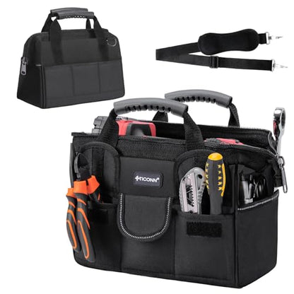 TICONN Heavy Duty Tool Bag with Multi-Pockets, Portable Tool Box Organizer Storage Bag, with Adjustable Shoulder Strap and Ergonomic Handle (Black, 12" Standard Base)