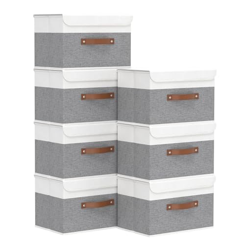 Yawinhe Storage Boxes with Lids, Linen Fabric Bin, Cube Organizer Basket, Washable and Leather Handle, for Home, Closet, White/Grey, 15.0''Lx9.8''Wx9.8''H, 7-Pack, USNK024WGL-7 - color: White/Grey, size: L/(7 Pack)