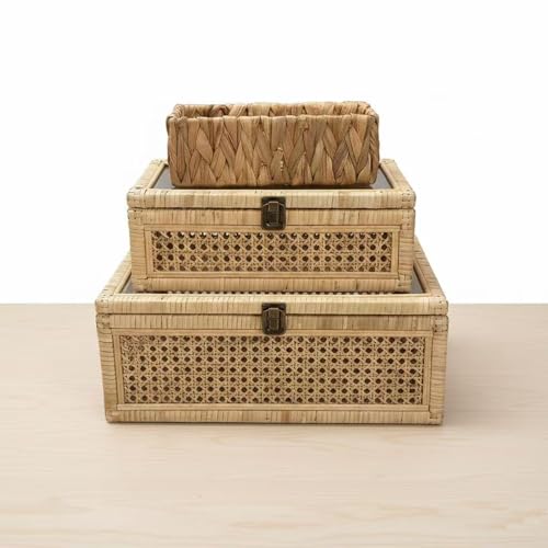 Decorative Box,Rattan Display Boxes with Lids,Set of 3-Rectangular Decorative Storage Box Set,Natural Woven Storage Bins for Home Decor