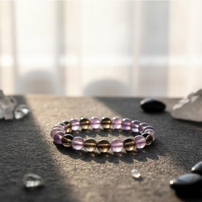 The Alchemist's Arcanum Adjustable Beaded Wrist Accessory for Men and Women, Stretch Fit Stone Bead Jewelry for Daily Wear and Gifting - color: Amethyst & Smoky Quartz