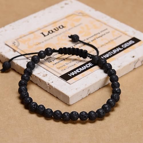 MASSIVE BEADS Handmade Yoga Natural Stone Crystal Healing Power Energy Gifts for Unisex Adult Bracelet Macrame Adjustable - color: Black Lava(Calm), size: 6mm