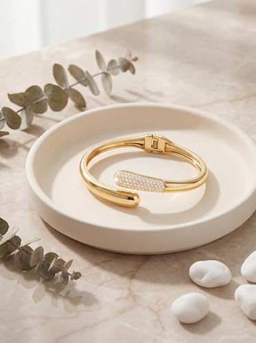 Gold Cuff Bracelets for Women, 14K Gold Plated Open Cuff Bangle Bracelet with CZ Pave, Minimalist Stackable Chunky Gold Bracelet for Women