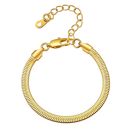 FindChic Elegant Herringbone Snake Chain Anklets/Bracelets 3MM/5MM Width Stainless Steel/18K Gold/Rose Gold Plated/Black 4 Color Options, 8.3'' 8.5'' 10.5'' Length, with Gift Box - color: B: 5mm 6.3'' bracelet (Gold Plated)