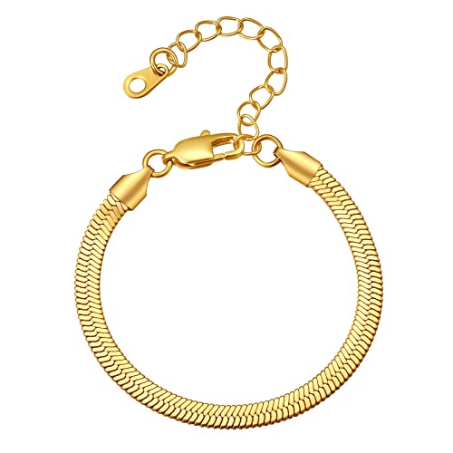 FindChic Elegant Herringbone Snake Chain Anklets/Bracelets 3MM/5MM Width Stainless Steel/18K Gold/Rose Gold Plated/Black 4 Color Options, 8.3'' 8.5'' 10.5'' Length, with Gift Box - color: B: 5mm 6.3'' bracelet (Gold Plated)