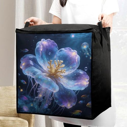 Oceanic Bloom Storage Bag Portable Closet Organizer Storage Bags Quilt Storage Bags with Zippered Breathable Storage Bag with Carry Handles for Blanket Pillow Bedding
