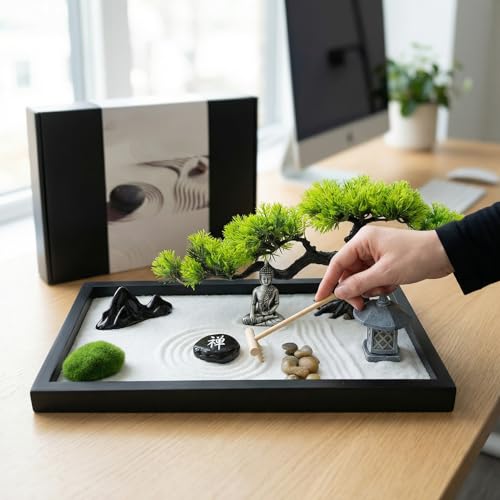 Zen Garden for Desk,Mini Oriental Antique Stone Sculpture Sand Tray, Desktop Zen Garden Kit for Adults, Meditation & Zen Decor, Unique Stress Relief Gift.