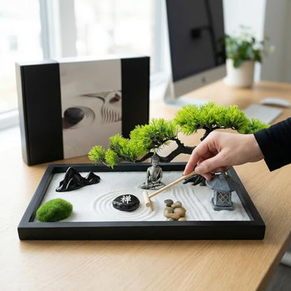 Zen Garden for Desk,Mini Oriental Antique Stone Sculpture Sand Tray, Desktop Zen Garden Kit for Adults, Meditation & Zen Decor, Unique Stress Relief Gift.