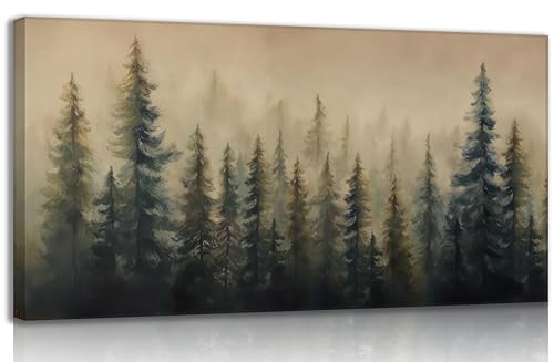 Large Misty Forest Landscape Canvas Wall Art Green Pine Tree and Foggy Mountains Scenery Picture Wall Decor Abstract Nature Woodland Poster Oil Painting Print Artwork for Living Room Bedroom Office - color: Misty Forest, size: 32"L x 16"W