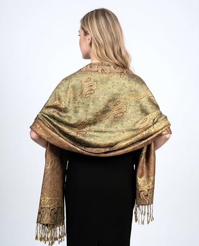 Achillea Reversible Paisley Pashmina Rave Scarf – Exotic Indian Shawls and Wraps for Evening Dresses, Festivals, All Seasons - color: Sage Green