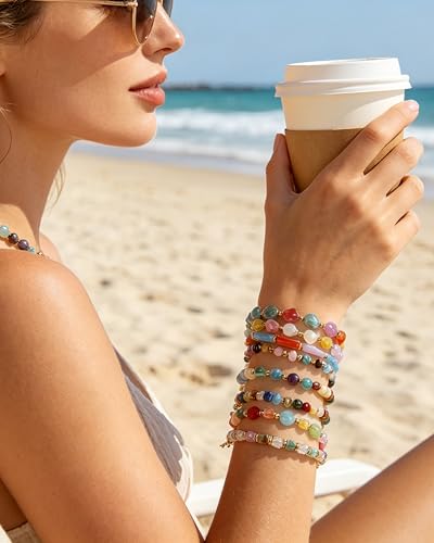 BOMAIL 9PCS Colorful Beaded Bracelets for Women Boho Multicolor Acrylic Resin Beads Bracelets Set Adjustable Statement Bracelet Summer Beaded Jewelry