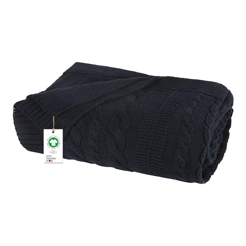 Organic Cotton Throw Blanket 50x70 inches, GOTS Certified Cable Knitted Throws Blanket for Sofa Couch Bed, Baby Nursery, Lightweight Cozy Warm Decorative Blanket All Season Use (Dark Navy) - color: Dark Navy