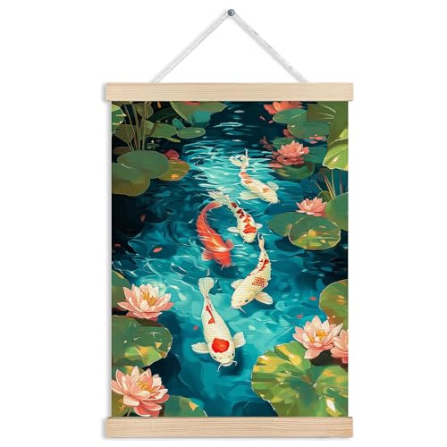 MVLJG Koi Fish Wall Art Poster, Japanese Room Decor, Oriental Asian Lotus Pond Fish Canvas Prints Hanging Wall Decor for Bedroom Zen Meditation Room Home Office, 12x16 Inches - color: Koi Fish-1