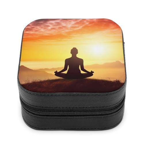 Portable Travel Jewelry Case Yoga Meditation Printed Small Trinket Box PU Leather Mini Earrings Storage Holder Rings Organizer for Women Necklace Bracelets