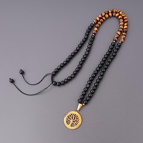 COAI Tree of Life Necklace 108 Mala Beads, Women's Men's Beaded Necklace, Japa Mala for Yoga Meditation 6mm - style: Obsidian & Tiger Eye