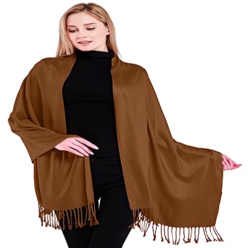 CJ Apparel Solid Color Tassels Design Nepalese Shawl Scarf Wrap Stole Throw Head Wrap Pashmina Gift Hand Made in Nepal New - color: Brown Mix