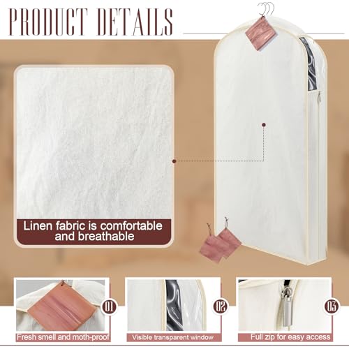 Briwooody 2 Sets 40 Inch Linen Fabric Bags for Hanging Clothes and Storage with Cedar Blocks for Fresh Smell and Moth Protection Sandpaper for Suit Fur Coat Jacket Sweater(Beige)