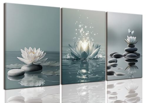 AOYUSMO 3 Piece Lotus Flower Wall Art Zen Bathroom Wall Decor Spiritual Canvas Art Yoga Room Pictures Meditation Paintings Spa Artwork For Living Room Bedroom - color: Lotus White, size: 16x24in