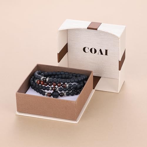 COAI Tibetan 108 Mala Beads Red Tiger Eye Matte Onyx Stone Wrap Bracelet Necklace