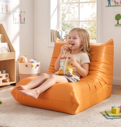 Hobestluk Small Bean Bag Chair Leather Waterproof Beanbag Lazy Floor Sofa Bean Bags with Memory Foam Filled Lounge Sofa Armless Chair for Bedroom Playroom and Reading Dorm Easy Clean (Orange, Small - color: Orange, size: Small