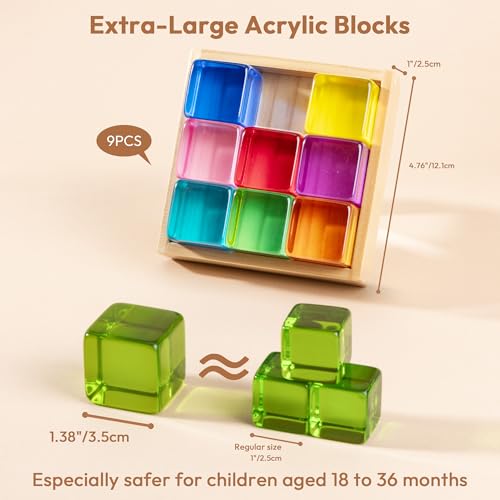 Woodtoe Large Building Blocks for Toddlers, Montessori Toys for 1 2 3 Year Old Boy Girl, No Choking Hazard Toys for Age 2-4 Kids Baby, Rainbow Acrylic Block Set, Sensory Birthday Toy Gifts for Kid - style: 9 PCS Large Acrylic Blocks Set