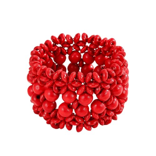 Handmade Wooden Bead Bohemian Elastic Stretch Bracelet Colorful Flower Pattern Design for Women Summer Beach Holiday Jewelry Lightweight - color: red