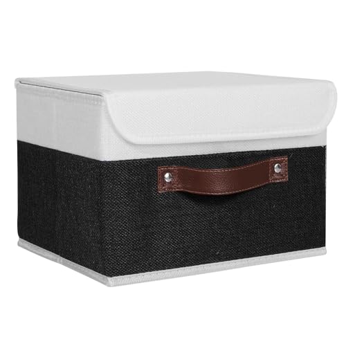 ANMINY Storage Boxes with Lids Washable Decorative Storage Bins Basket with PU Leather Handle Foldable Linen Fabric Storage Cubes Containers for Home Closet Organizer - Black White, Small Size - color: Black White, size: Small (Pack of 1)