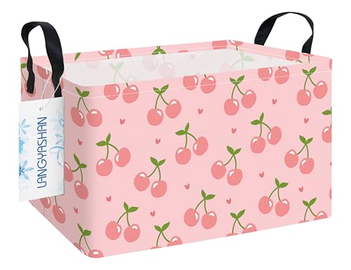 Rectangular Storage Bin Collapse Canvas Fabric Cartoon Storage Basket with Handles for Organizing Home Kitchen Boys and Girls Toys Office Closet Shelf Baskets (Rec Pink Cherry) - color: Rec Pink Cherry
