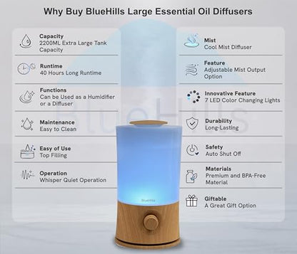 BlueHills Premium 2000 ML XL Large Essential Oil Diffuser Aromatherapy Humidifier for Large Room Home 40 Hour Run Huge Coverage Area 2 Liter Extra Large Capacity Huge Diffuser Wood Grain E005 - color: Light Wood Grain