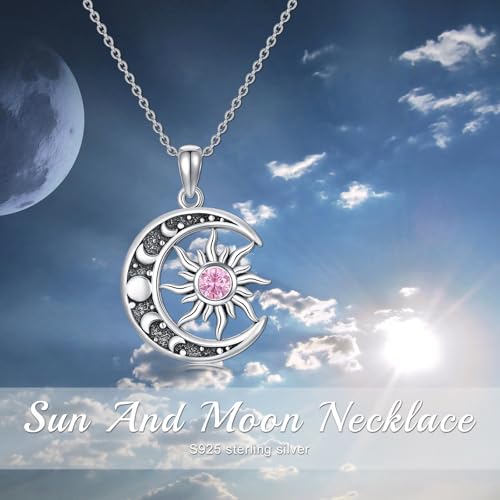 Sun and Moon Necklace 925 Sterling Silver Sun Moon Pendant Gemstone Jewelry Gifts for Women - style: October