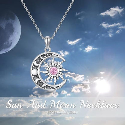 Sun and Moon Necklace 925 Sterling Silver Sun Moon Pendant Gemstone Jewelry Gifts for Women - style: October