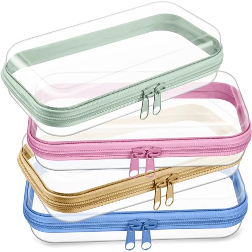 Hoolerry 4 Pcs Hard Clear Zipper Case Makeup Bags Plastic Zipper Pouch Transparent Storage Box Containers for Cosmetics, Snacks, Building Blocks, Puzzles(Clear,7.5 x 3.9 x 2 in,Soft Colors) - color: Soft Colors, size: 7.5 x 3.9 x 2 in