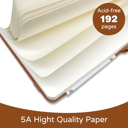 Blank Journal Notebook, A5, 192 Pages 100 GSM Thick Sketch Book for Women Men, Hardcover Leather Unlined Journaling for Work, Notebooks for Writing, 5.8 inches x 8.5 inches (Brown)