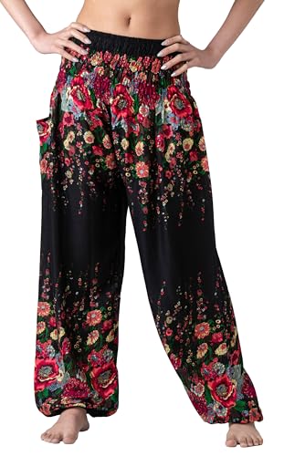 B BANGKOK PANTS Harem Pants Women Yoga Boho Clothes with Pockets - color: Black Floral, size: One Size