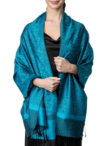 Achillea Two-Tone Vintage Paisley Pashmina Scarf – Lightweight Wrap & Shawl for Dresses, Weddings, Travel, All Seasons - color: Cyan Blue