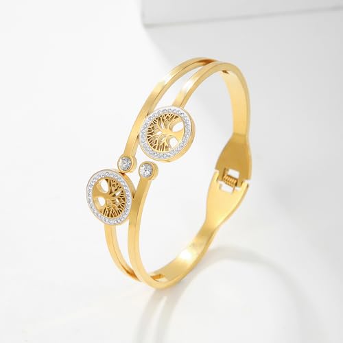Gold Bangle for Women - 18K Gold Plated Stainless Steel Love Friendship Crystal Bracelets with Cubic Zirconia - color: A-TREE GOLD