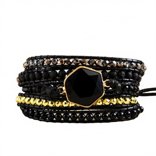 Handmade Boho Wrap Bracelets Natural Turquoise Crystal Stone Variety Beaded Strand Bracelet - color: Obsidian
