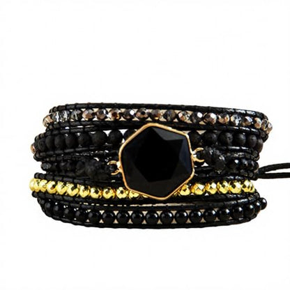 Handmade Boho Wrap Bracelets Natural Turquoise Crystal Stone Variety Beaded Strand Bracelet - color: Obsidian
