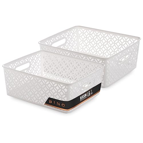 BINO l Plastic Storage Baskets, Large - White | THE BLOSSOM COLLECTION l Multi-Use Organizer Bin l Built-in Handles l Plastic Woven Basket for Organizing l Pantry & Home Organizing Basket - color: White, size: 2PK Large